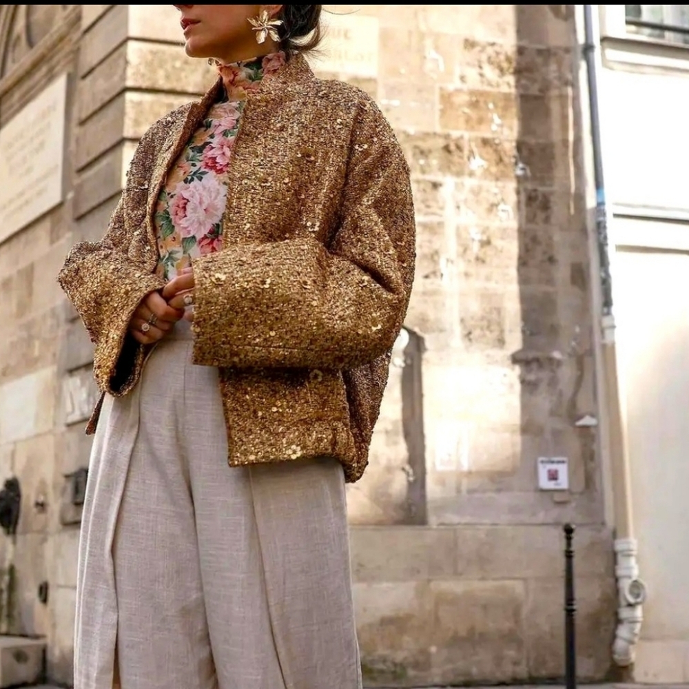 Luxury Drop Sequined Pique Long Sleeve Bomber Jacket